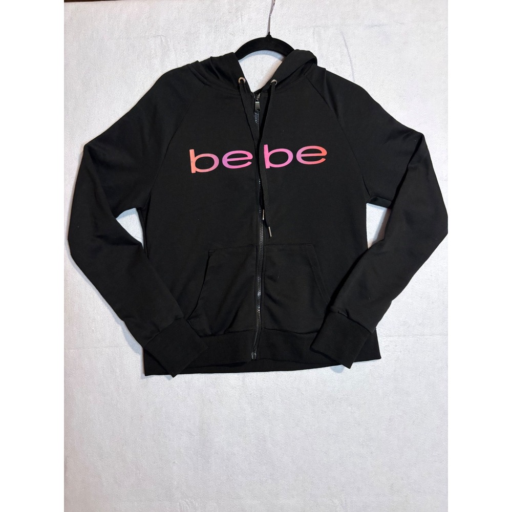 Bebe Sport Womens Black Zip Up Hoodie Pink Gradient Logo Size M Y2K